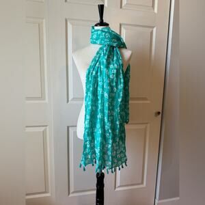 Teal Flower Pattern Scarf Wrap with Tassel Detail